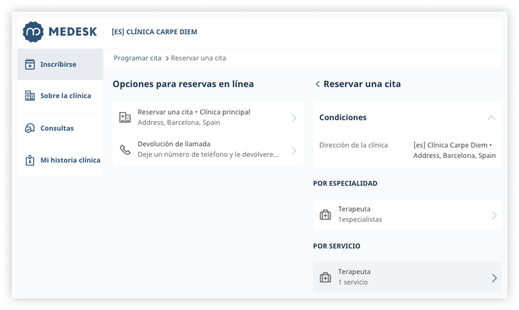 es online booking main page