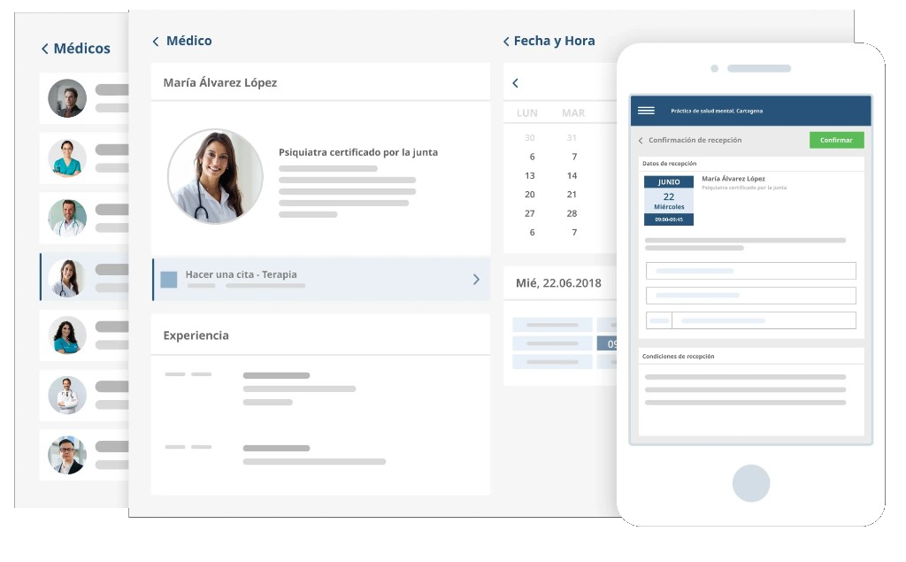 Medesk: agenda en escritorio y confirmación de cita en móvil, con valoraciones Capterra, Software Advice y GetApp