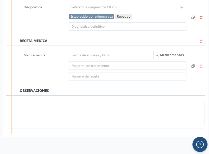 Historias Clínicas medical receipts screen