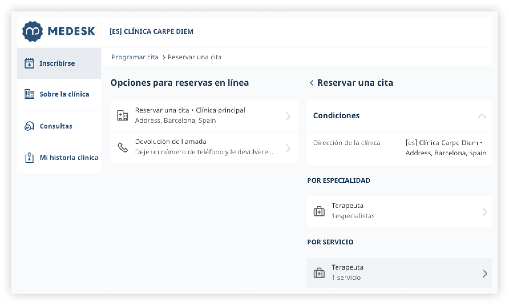 es online booking main page